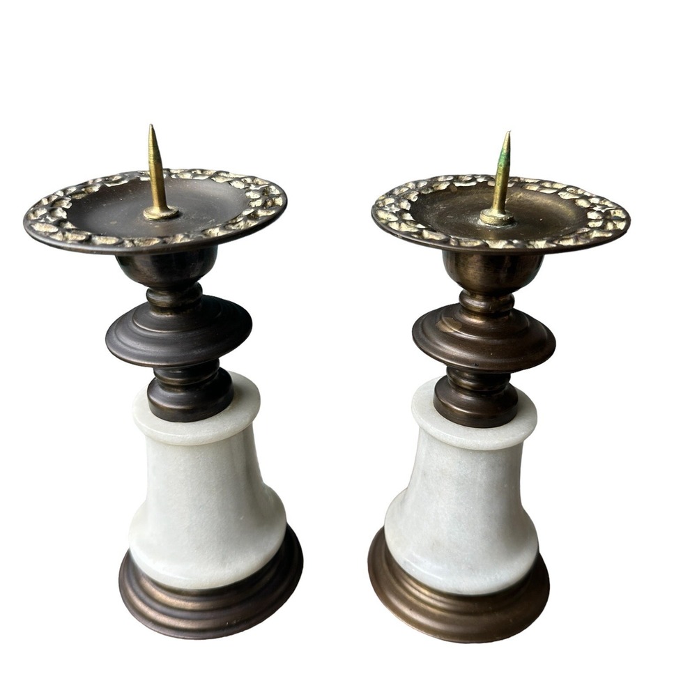 Candle Stick Holders Brass‎ Marble Ornate Pillar Taper 7 Inch MCM VTG Set Of 2